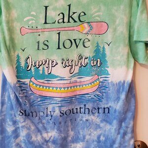 Simply Southern Green & Blue Tie Dye shirt Sz Med - Lake is Love, Jump Right In